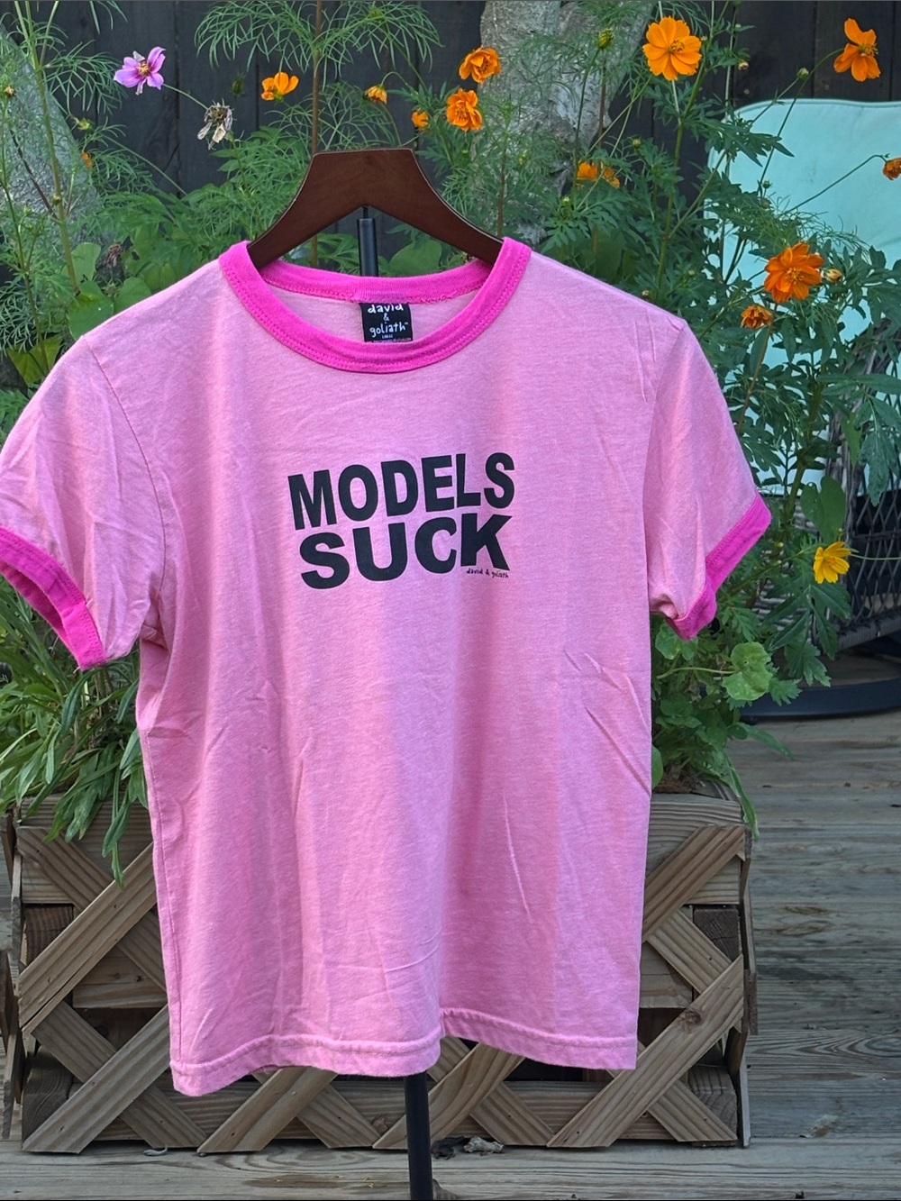 David and Goliath Pink Ringer Tee with Black Graphic